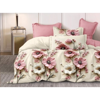 Pościel 160x200 różowe kwiaty z prześcieradłem – komplet premium 4cz PK817